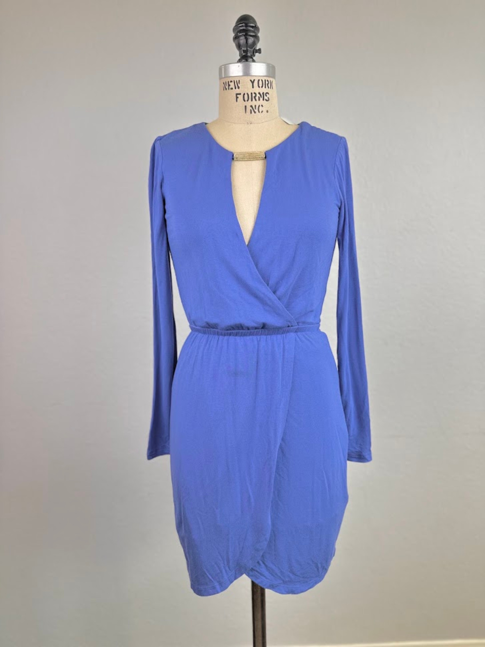 Bebe Blue Wrap Dress Gold Bar Detail Long Sleeve Size XS